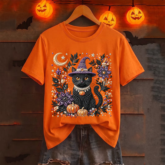 Puptailor Personalized Diamond Halloween Cat Casual Print T-shirt