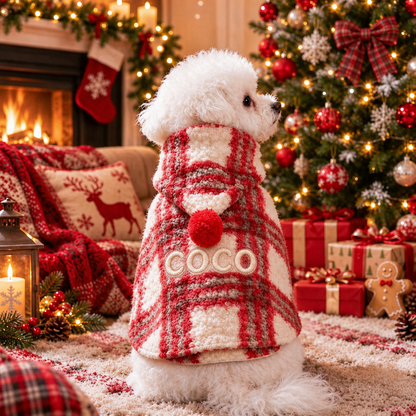 Personalized Plaid Christmas Pet Cape with Pompom