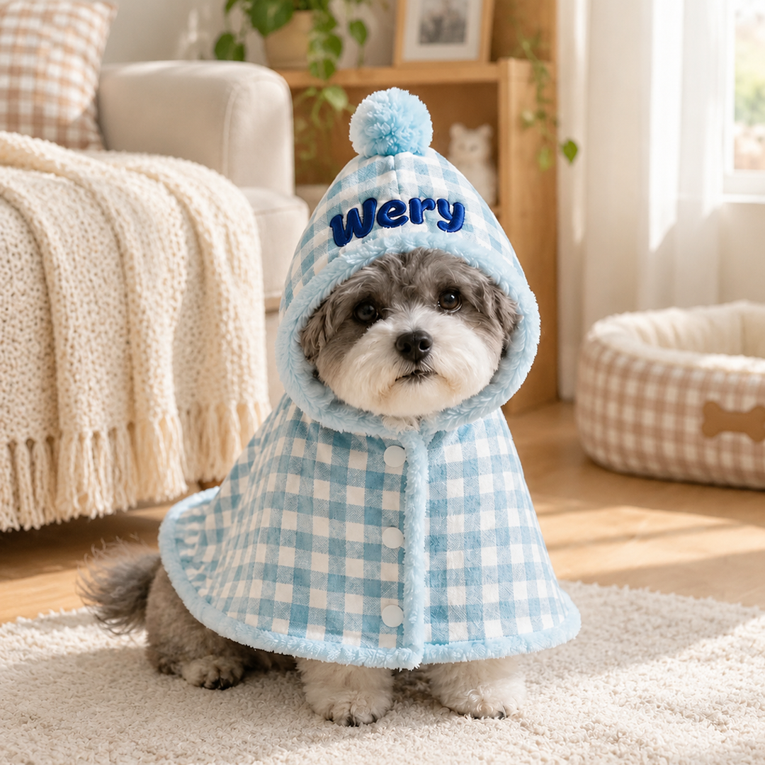 Personalized Plaid Hooded Pet Cape with Pompom