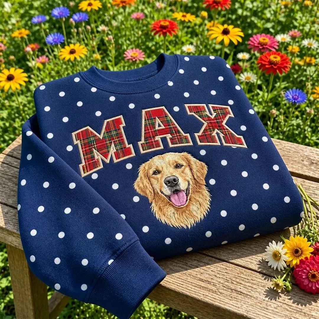 Custom Polka-Dot Plaid Varsity Pet Portrait Sweatshirt