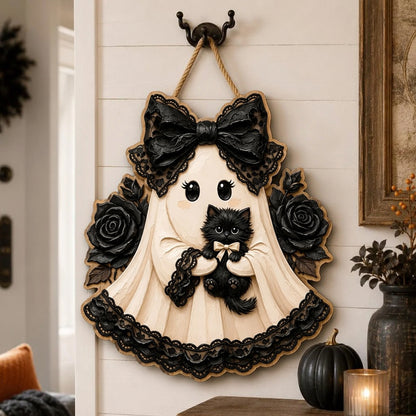 Puptailor Wooden Halloween Witch and Ghost Hanging Sign