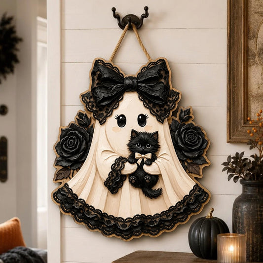 Wooden Witch & Black Cat Halloween Door Sign