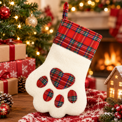 Personalized Plaid Paw Sherpa Christmas Stocking