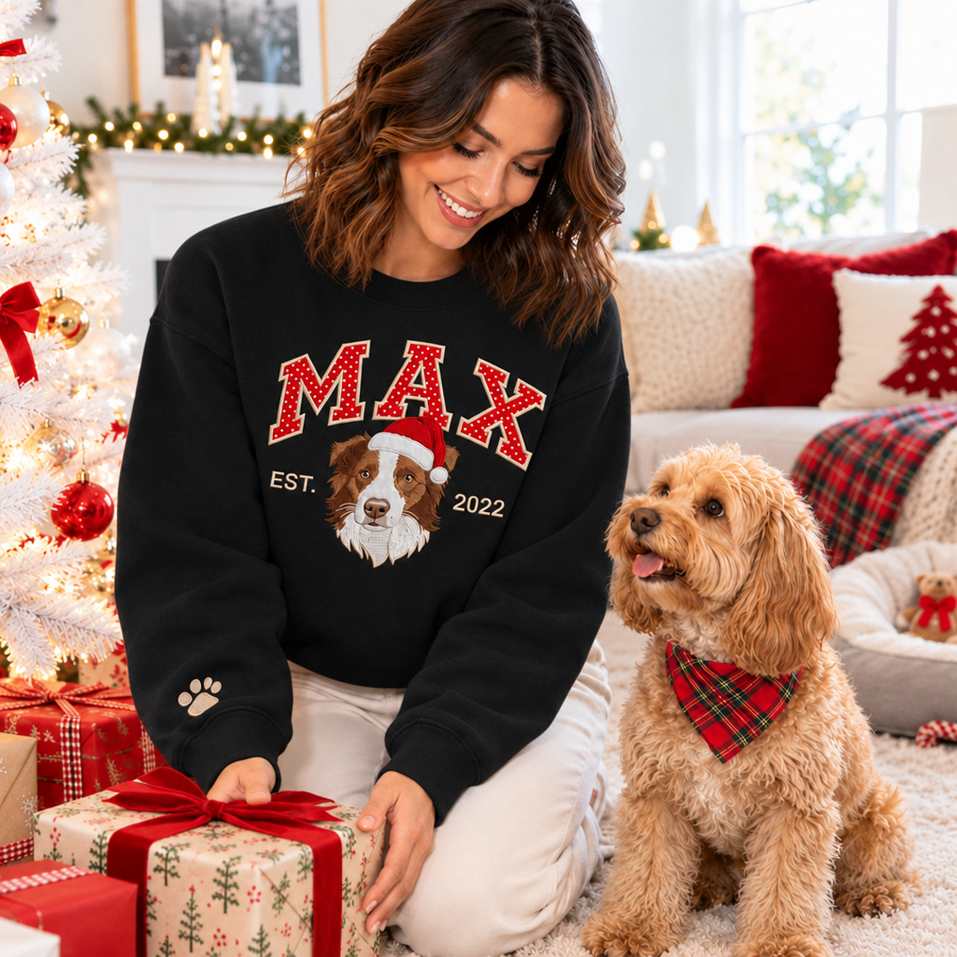 Custom Polka-Dot Varsity Pet Portrait Christmas Sweatshirt