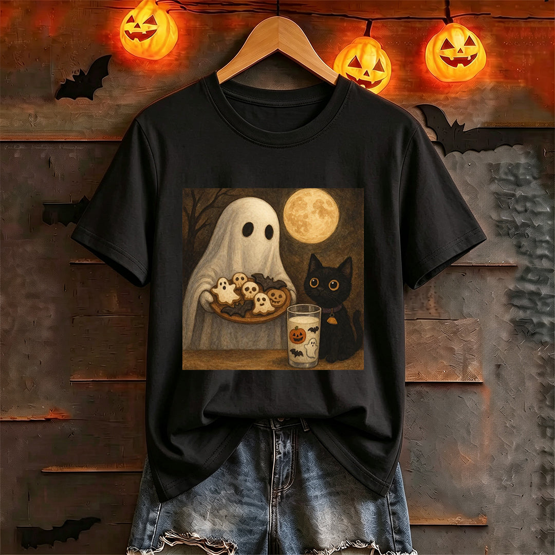 Puptailor Vintage Ghost Black Cat Halloween T‑Shirt