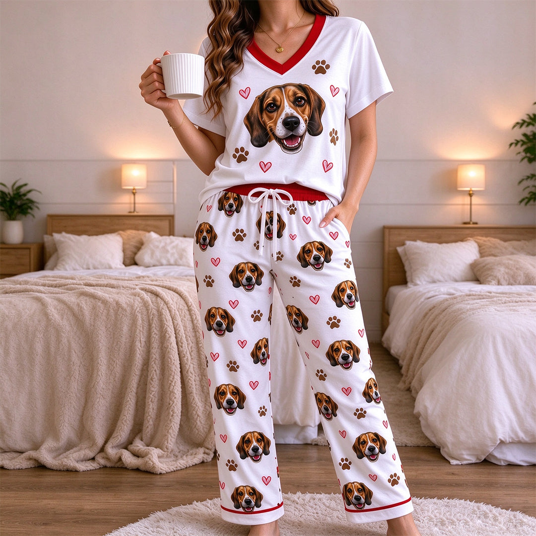 Personalized Pet Portrait Printed Casual Pajama Set for Males and Females