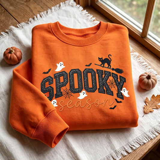 Puptailor Retro Ghost Black Cat Broomstick Halloween Crewneck Sweatshirt