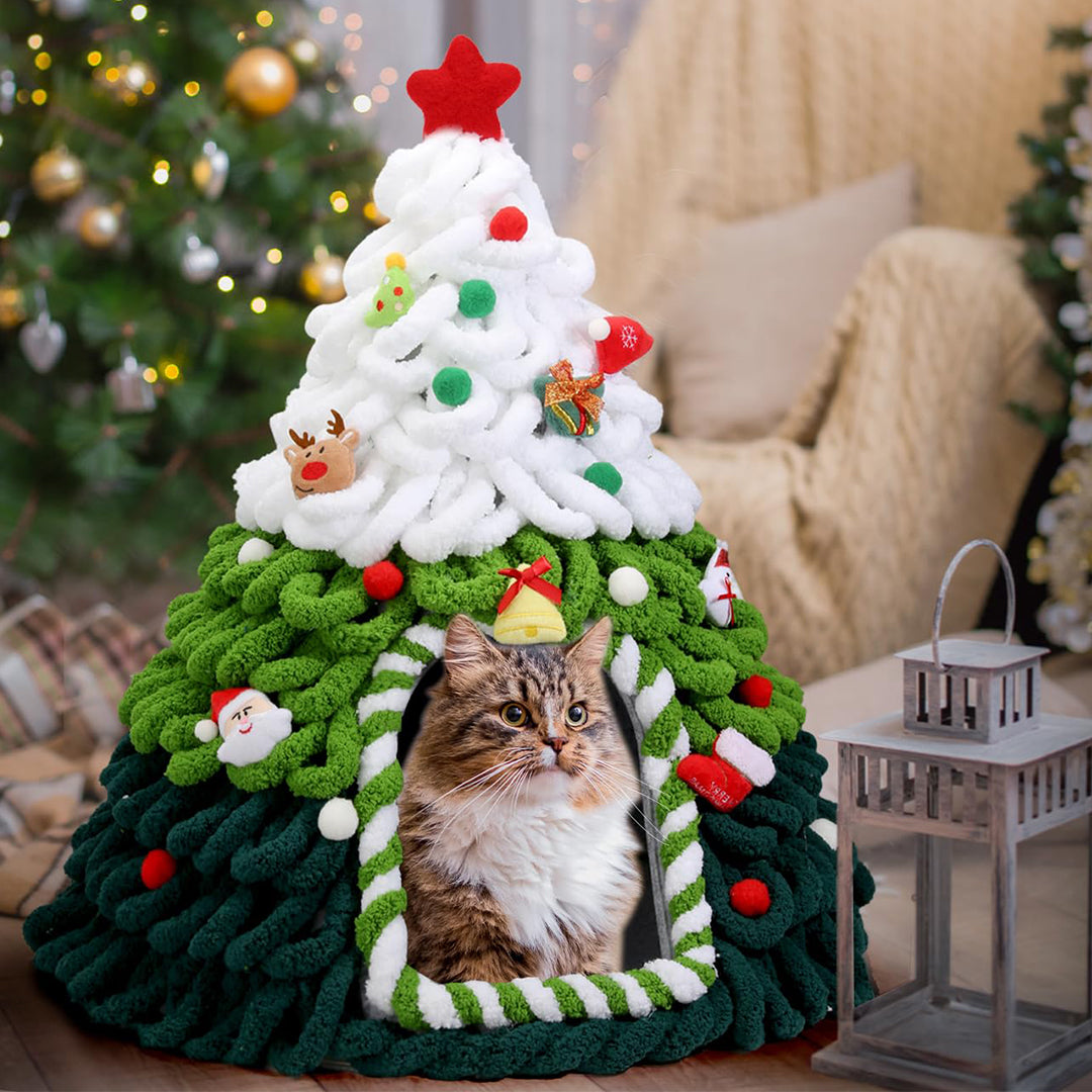 Snow-Capped Christmas Tree Cat Cave Bed