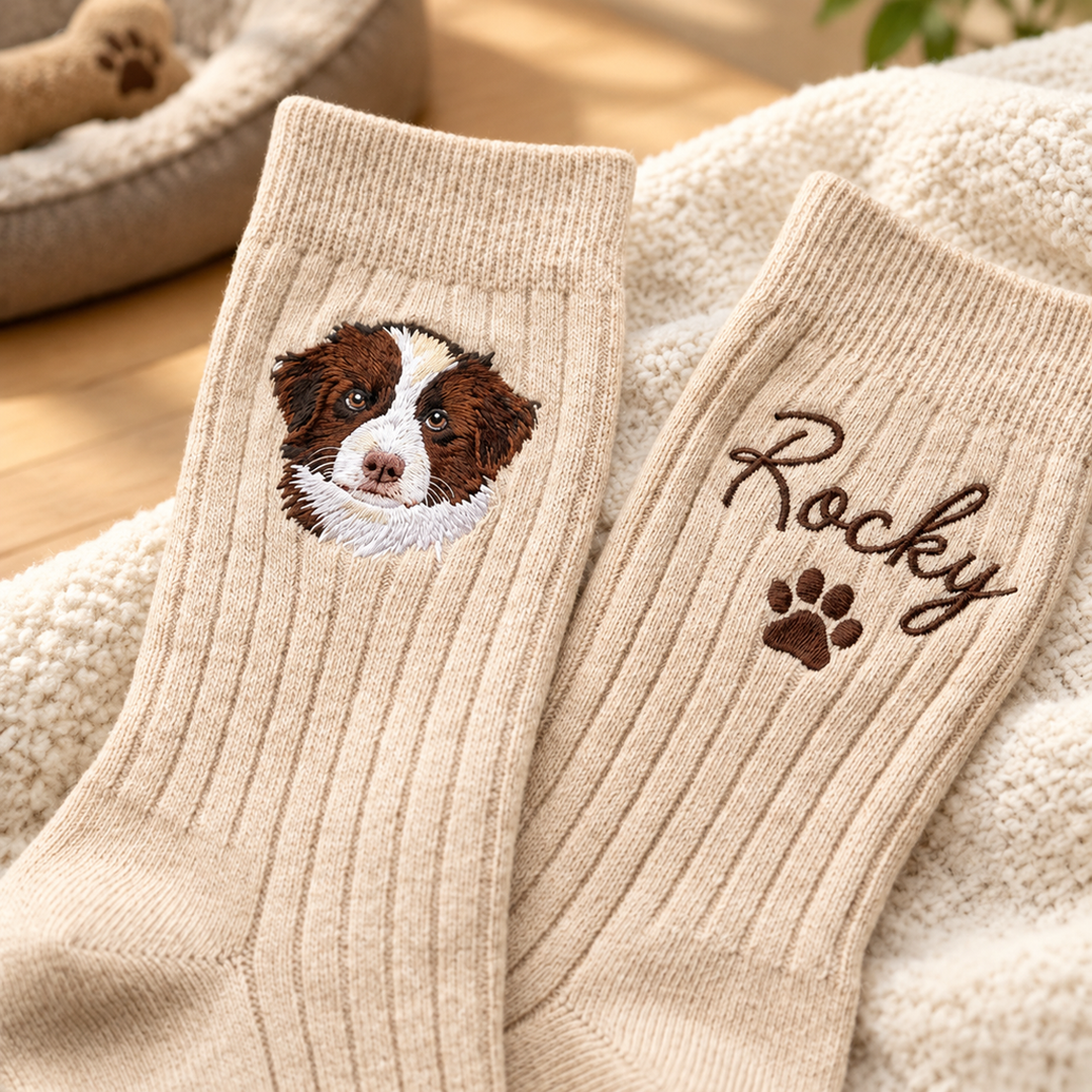 Custom Pet Portrait & Name Embroidered Crew Socks