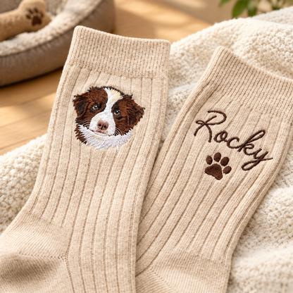 Custom Pet Portrait & Name Embroidered Crew Socks