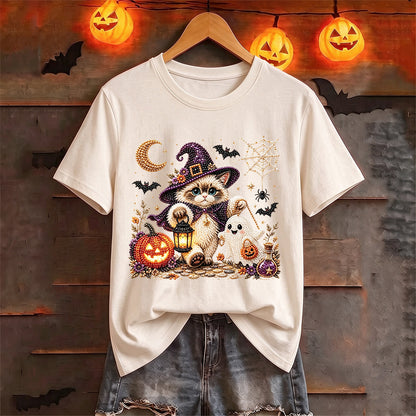 Puptailor Personalized Diamond Halloween Ghost and Cat Casual Print T-shirt