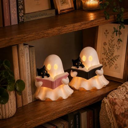 Funny Halloween-3D Printed Black Cat&Ghost Reading Book Figurine