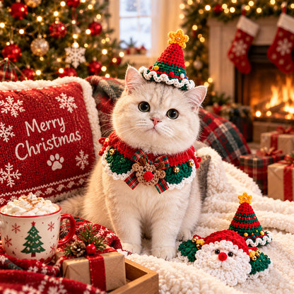 Crochet Christmas Cat Collar & Hat