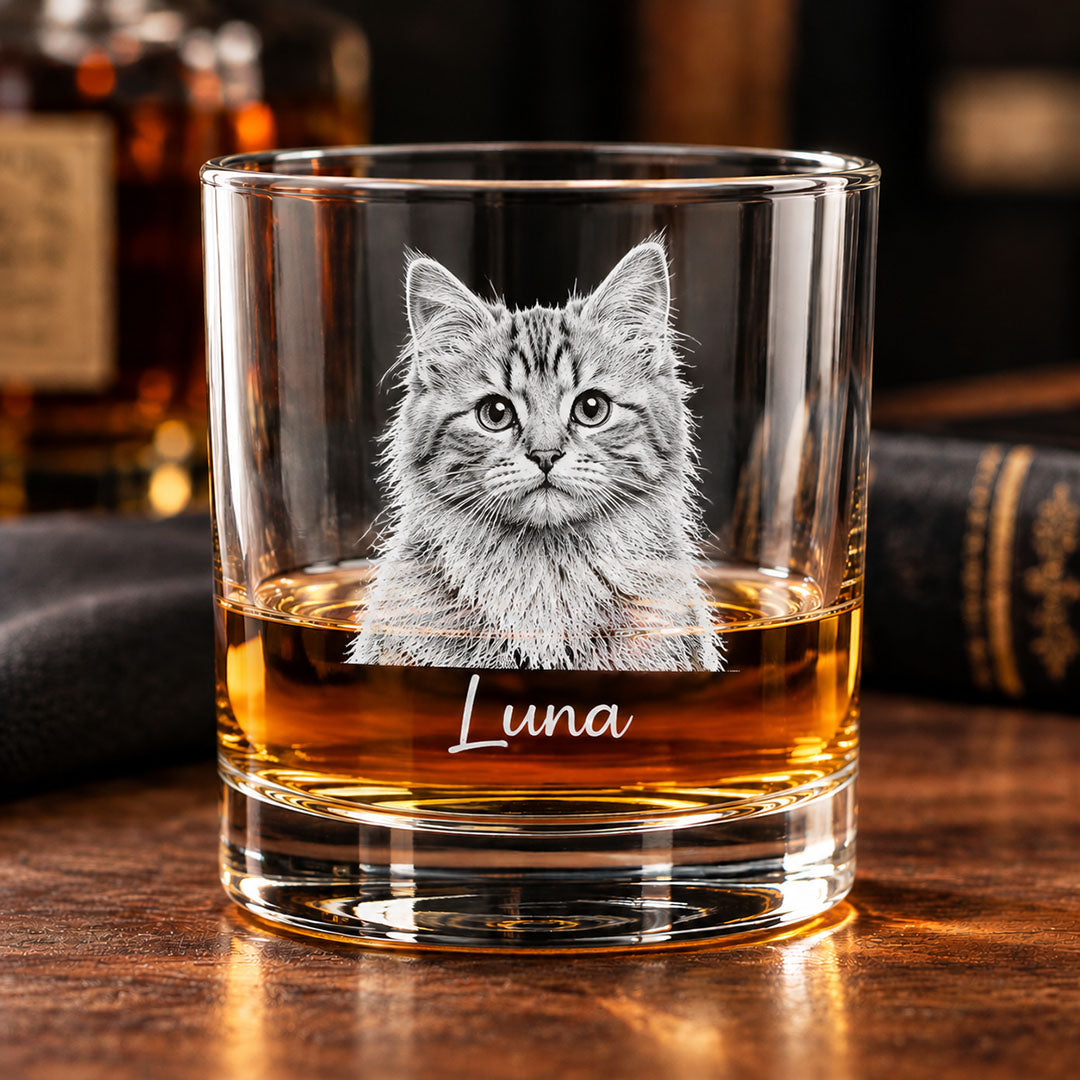 Custom Whiskey Glass With Dog Photo & Name Engraved