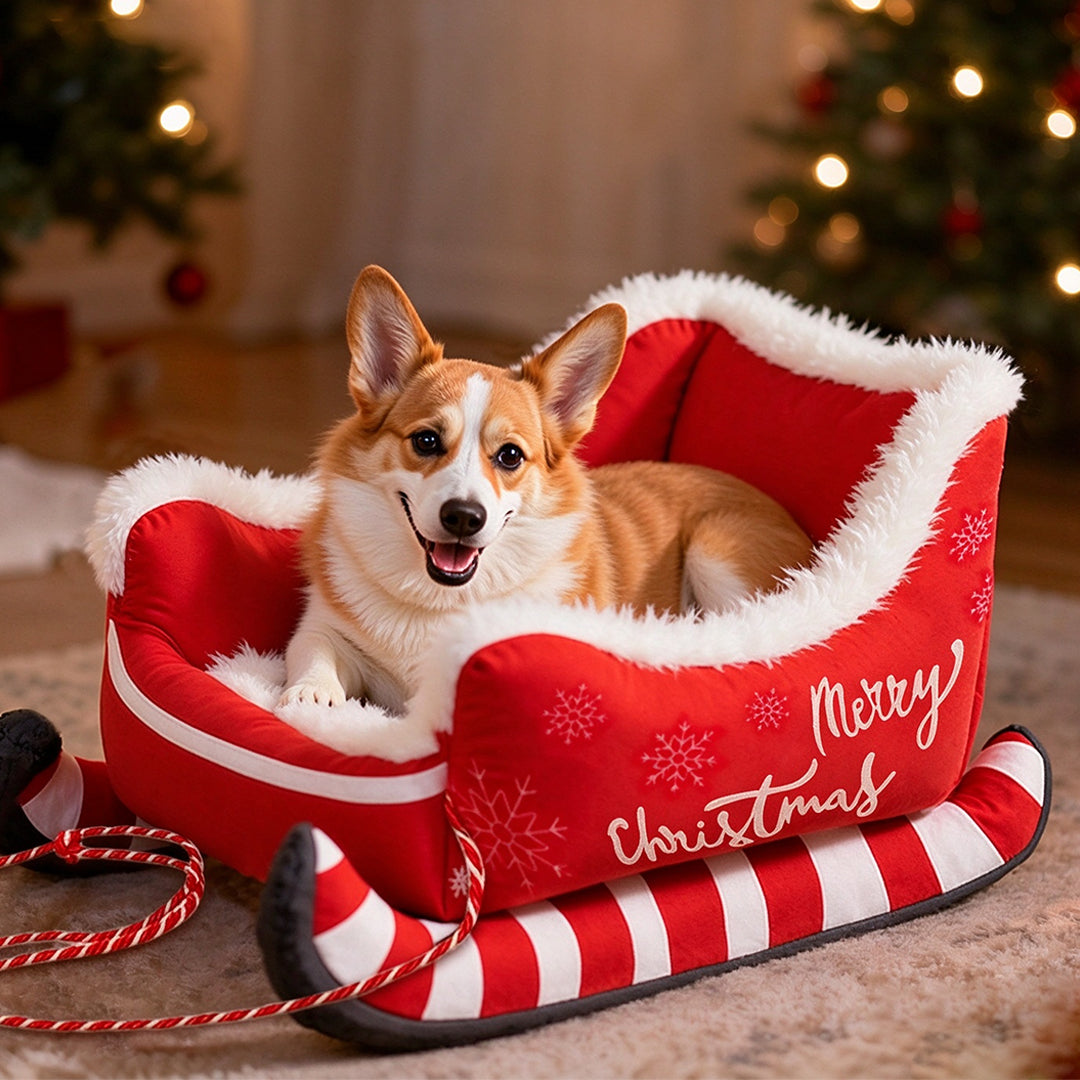 Santa Sleigh Pet Bed with Plush Fur Trim