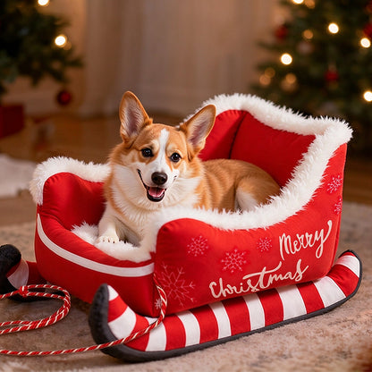 Santa Sleigh Pet Bed with Plush Fur Trim