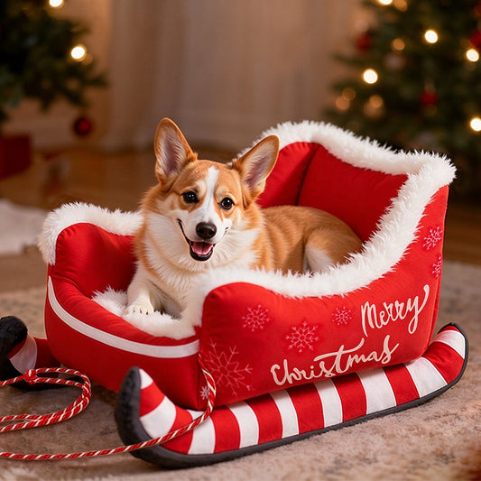 Santa Sleigh Pet Bed with Plush Fur Trim