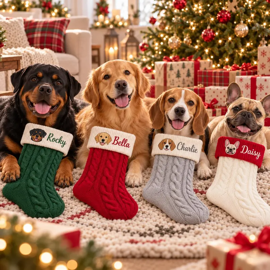 Custom Pet Portrait Cable Knit Christmas Stocking