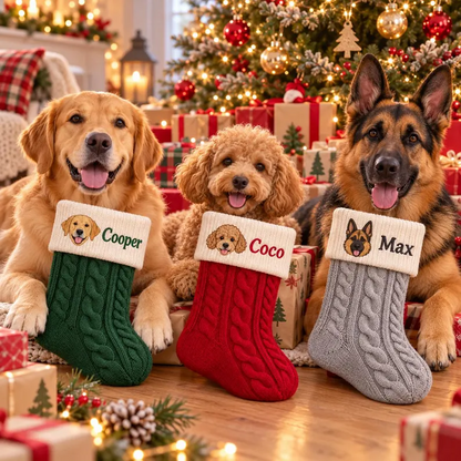 Custom Pet Portrait Cable Knit Christmas Stocking