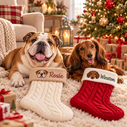 Custom Pet Portrait Cable Knit Christmas Stocking