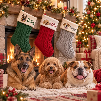 Custom Pet Portrait Cable Knit Christmas Stocking