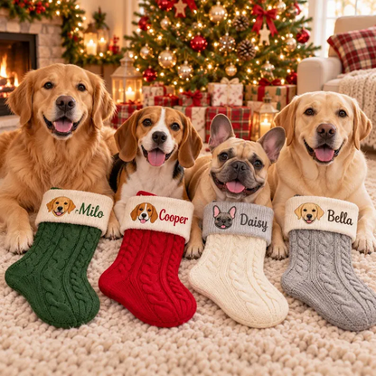 Custom Pet Portrait Cable Knit Christmas Stocking