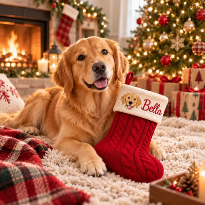 Custom Pet Portrait Cable Knit Christmas Stocking