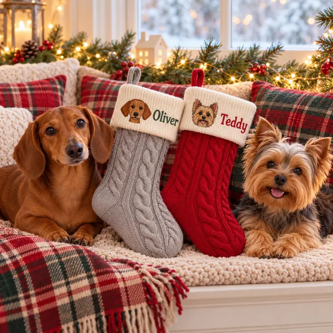 Custom Pet Portrait Cable Knit Christmas Stocking