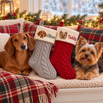 Custom Pet Portrait Cable Knit Christmas Stocking