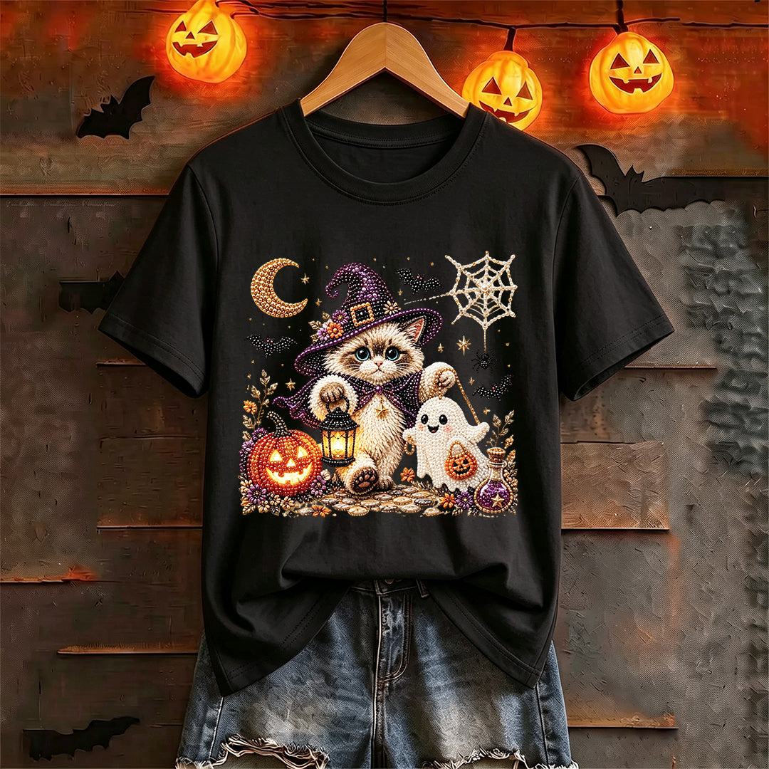Puptailor Personalized Diamond Halloween Ghost and Cat Casual Print T-shirt