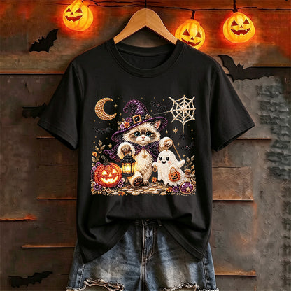 Puptailor Personalized Diamond Halloween Ghost and Cat Casual Print T-shirt