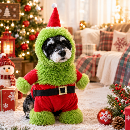 Fuzzy Green Santa Christmas Costume Set for Dogs & Cats