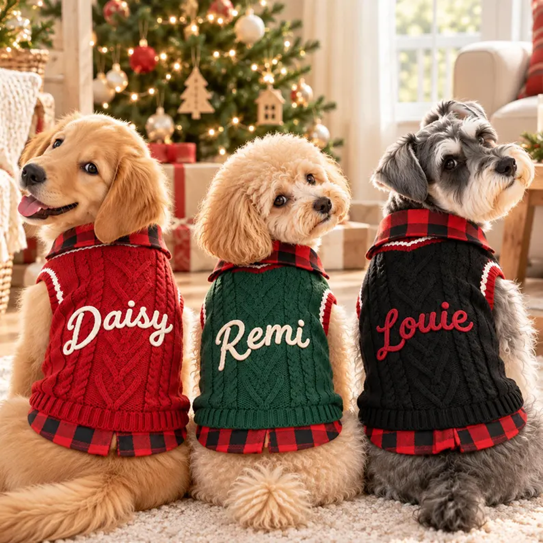Personalized Rope Embroidery Cable Knit Plaid Pet Sweater