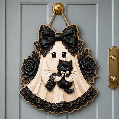 Puptailor Wooden Halloween Witch and Ghost Hanging Sign