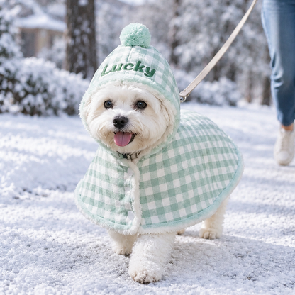 Personalized Plaid Hooded Pet Cape with Pompom