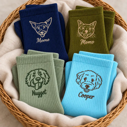 Custom Line-Art Pet Portrait Socks with Name