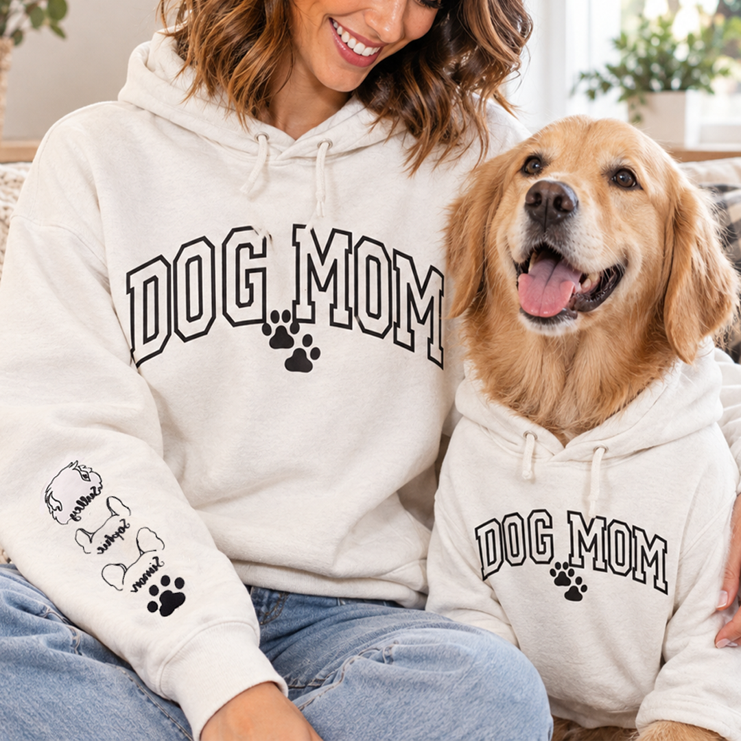 Custom Dog Mom Hoodie with Pet Names on Sleeve