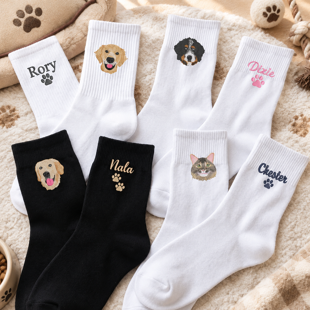 Custom Pet Portrait & Name Embroidered Crew Socks