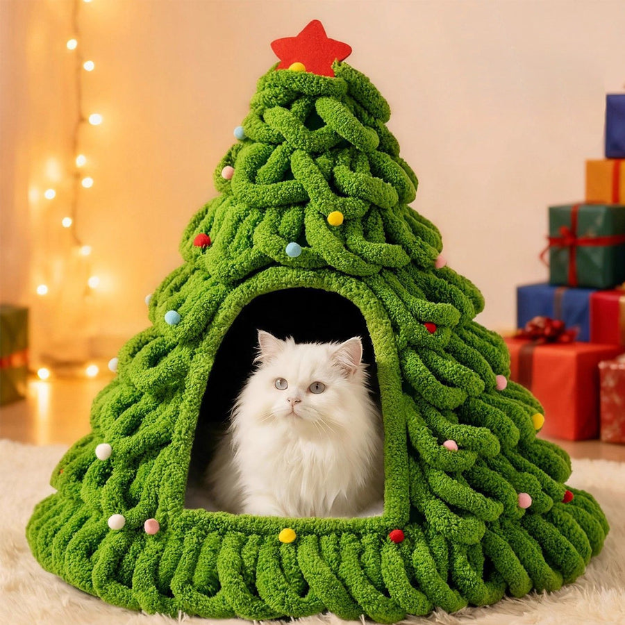 Christmas Tree Cat Cave Bed with Removable Cushion