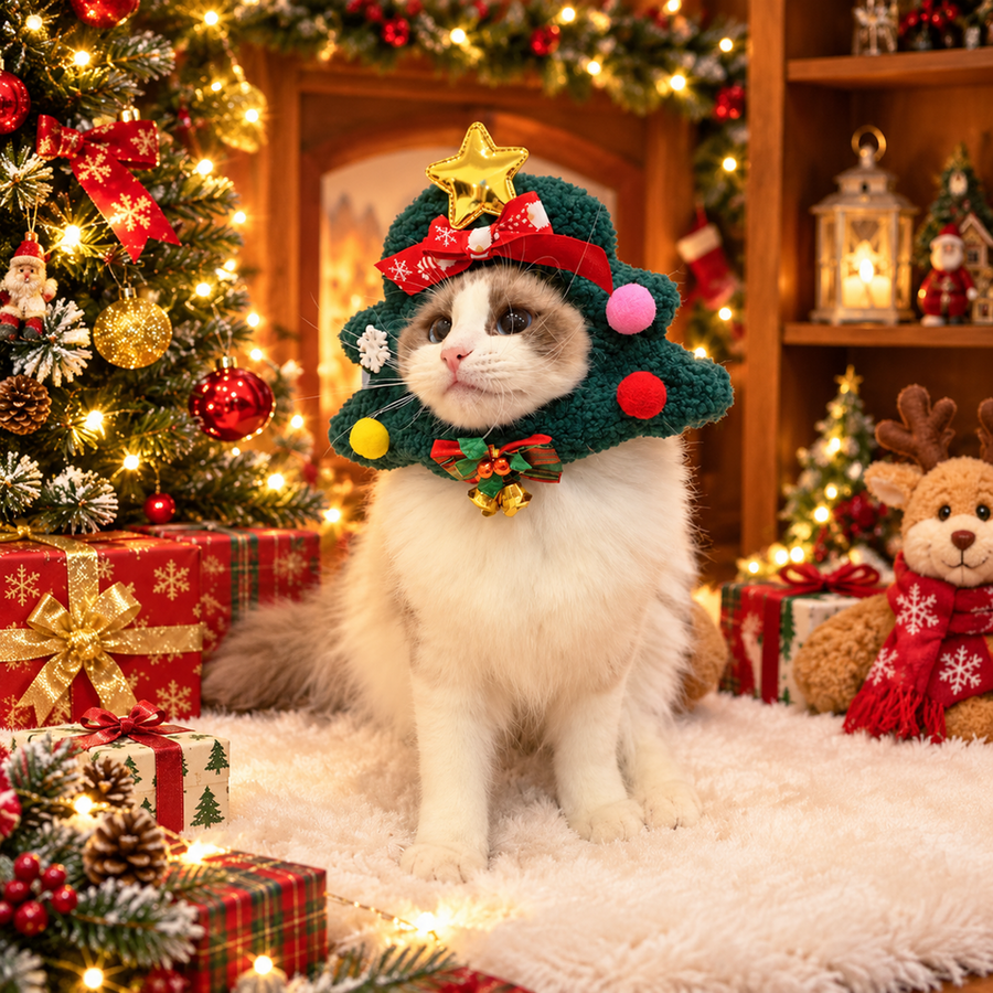 Fuzzy Christmas Tree Pet Hat with Star & Bells