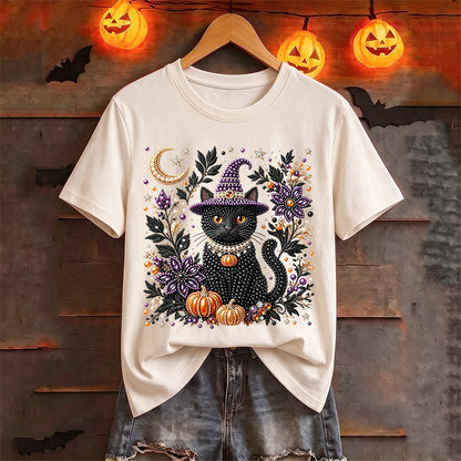 Puptailor Personalized Diamond Halloween Cat Casual Print T-shirt