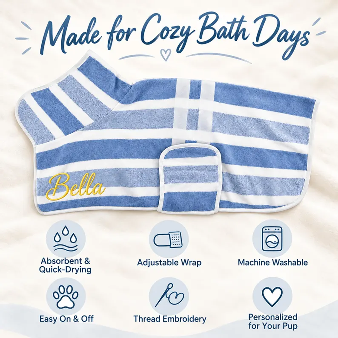 Personalized Striped Terry Pet Bathrobe with Adjustable Wrap