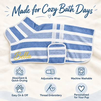 Personalized Striped Terry Pet Bathrobe with Adjustable Wrap