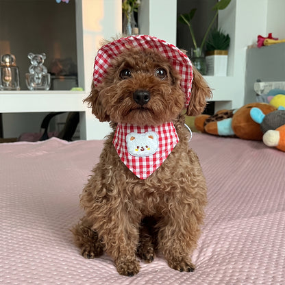 Puptailor Cute Bear Gingham Pet Hat And Bandana Set For Cats Small Dogs