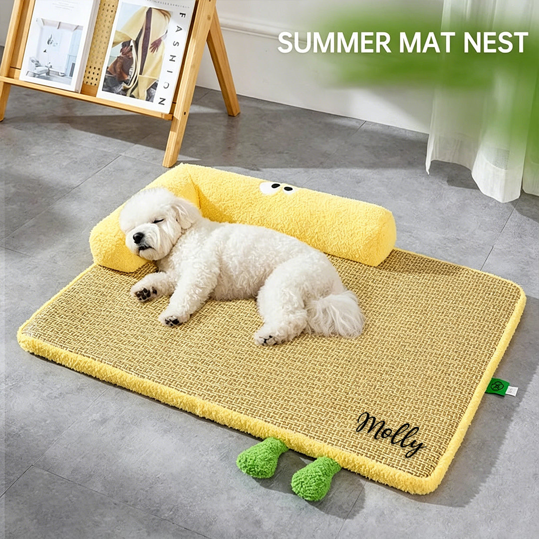 Custom Name Cartoon Monster Summer Rattan Dog Bed