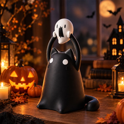 Funny Halloween-Black Cat Holding Ghost Lamp