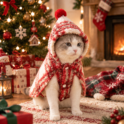 Personalized Plaid Christmas Pet Cape with Pompom