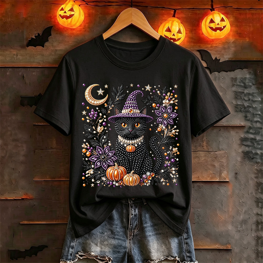 Puptailor Personalized Diamond Halloween Cat Casual Print T-shirt