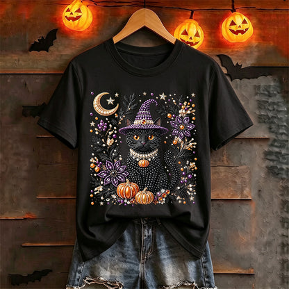 Puptailor Personalized Diamond Halloween Cat Casual Print T-shirt