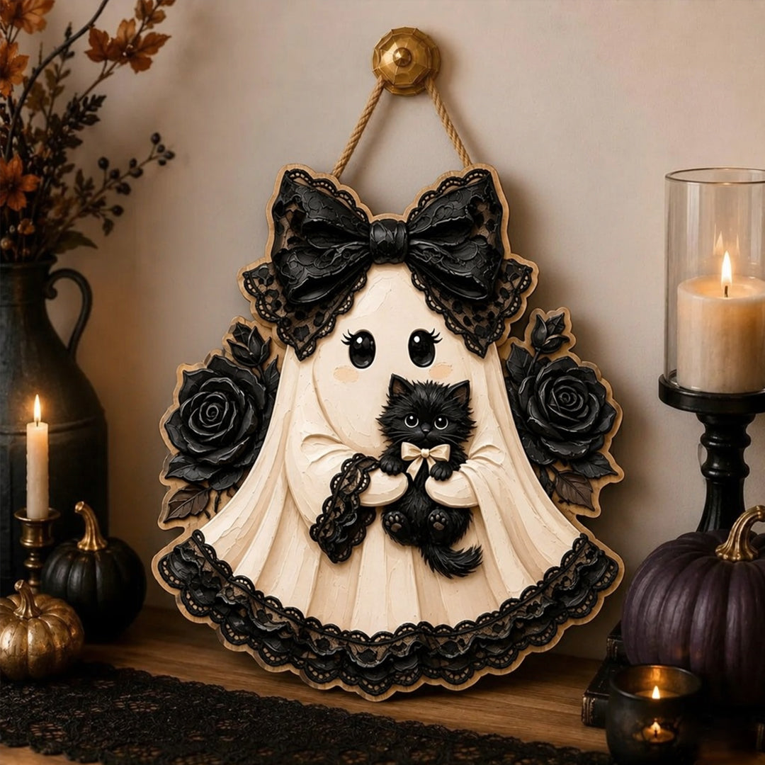 Puptailor Wooden Halloween Witch and Ghost Hanging Sign
